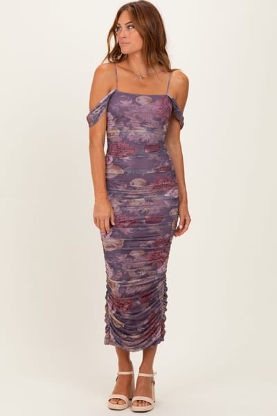 Privy Lavender Floral Ruched Midi Dress