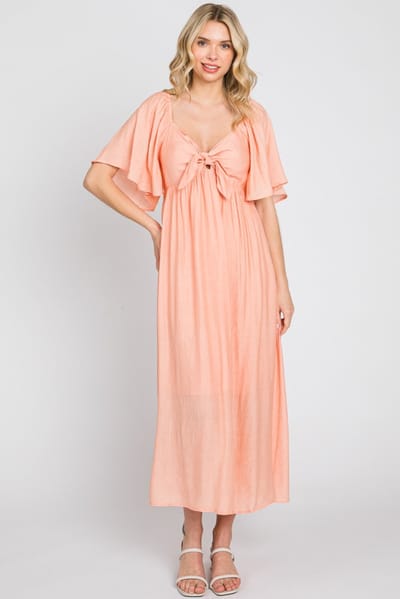 Lime N Chili Peach Front Tie Ruffle Sleeve Midi Dress