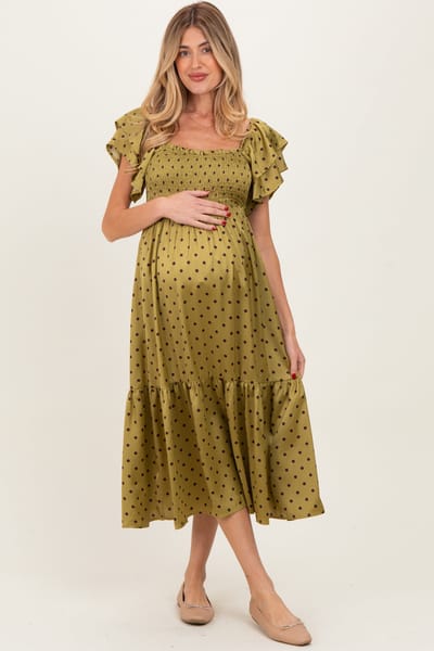Elloh Light Olive Polka Dot Satin Smocked Flutter Sleeve Maternity Dress