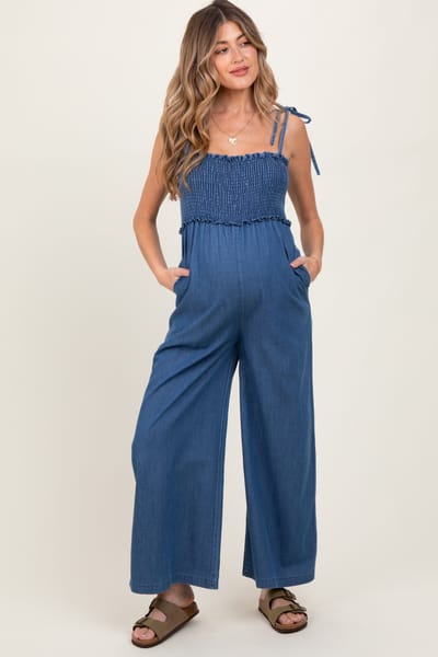 Elloh Blue Chambray Shoulder Tie Smocked Maternity Jumpsuit