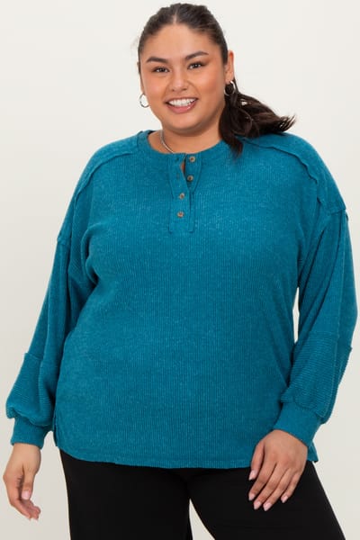 Zenana Outfitters Teal Oversized Ribbed Knit Henley Plus Sweater