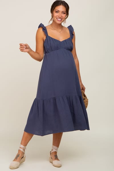 Hem & Thread Navy Gauze Ruffle Maternity Midi Dress