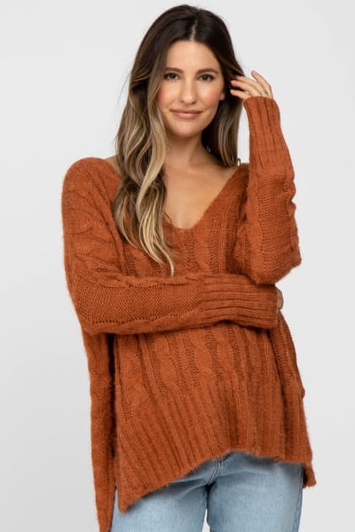 PinkBlush Camel V-Neck Side Slit Cable Knit Maternity Sweater