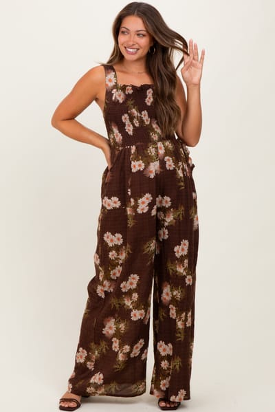 Davi & Dani Brown Floral Smocked Maternity Jumpsuit