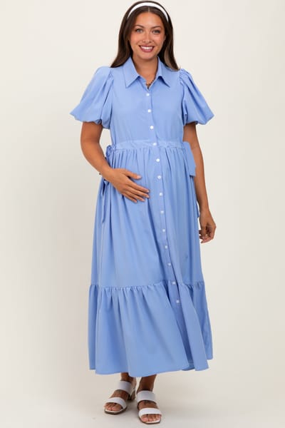 Entro Light Blue Puff Sleeve Side Tie Maternity Midi Shirt Dress