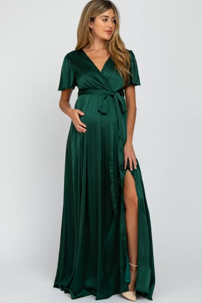 PinkBlush Green Side Slit Satin Maternity Maxi Dress