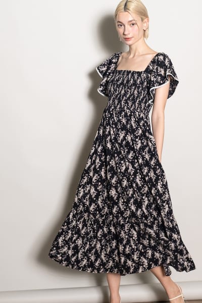 Elloh Black Floral Smocked Lace Trim Flutter Sleeve Midi Dress