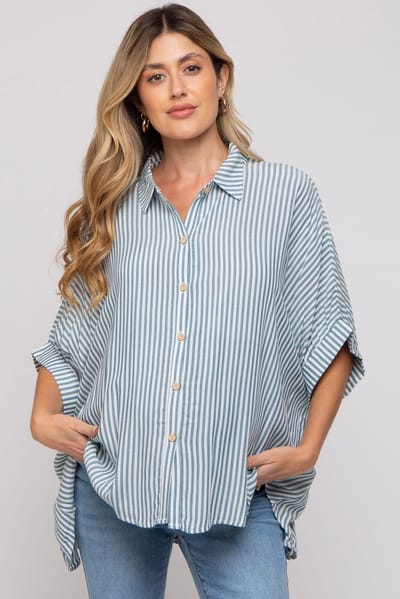 PinkBlush Teal Striped Button Up Dolman Maternity Top