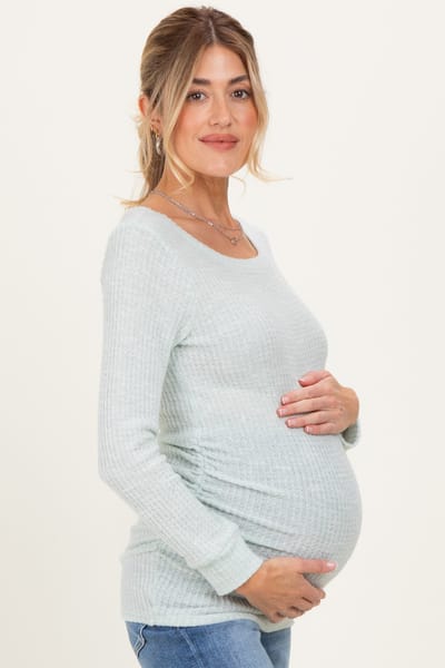 Rhea + Thea Mint Waffle Knit Long Sleeve Ruched Maternity Tunic Top