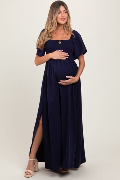 PinkBlush Navy Chambray Smocked Maternity Maxi Dress