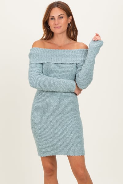 Illa Illa Light Blue Off The Shoulder Knit Sweater Mini Dress