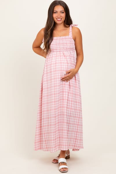 PinkBlush Pink Plaid Smocked Shoulder Tie Maternity Maxi Dress
