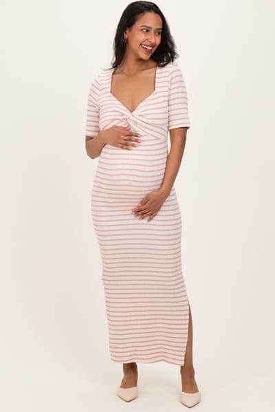 PinkBlush Cream/ Pink Striped Knit Short Sleeve Maternity Maxi Dress