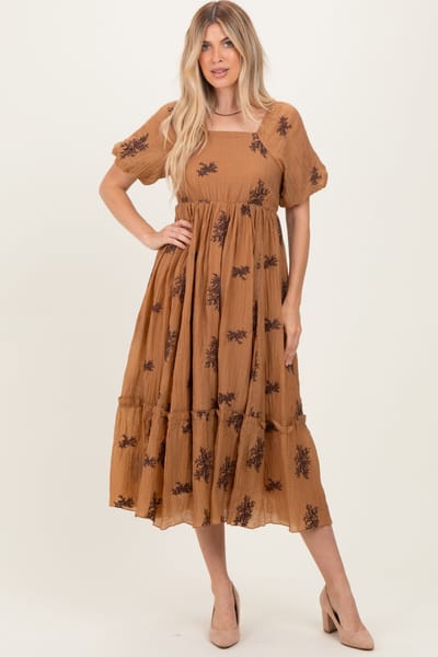 Polagram Taupe Floral Embroidered Puff Sleeve Midi Dress