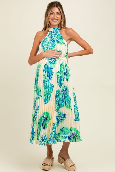 Rosevelvet Blue Leaf Print Pleated Halter Maternity Midi Dress