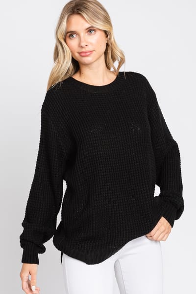 Zenana Outfitters Black Waffle Knit Round Hem Sweater