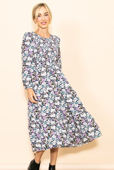 Elloh Black Floral Smocked Tiered Midi Dress