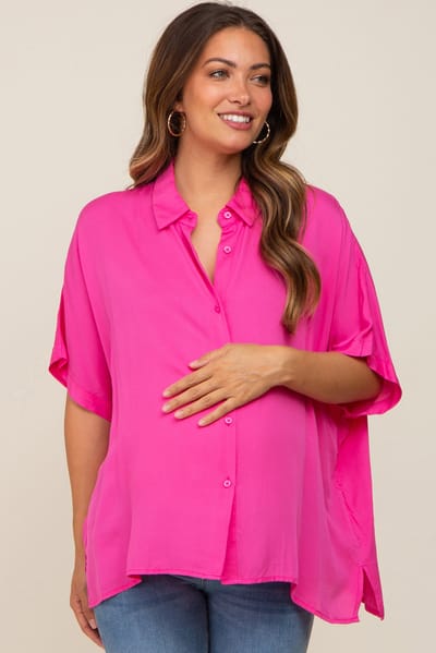 Vine & Love Fuchsia Button Up Dolman Short Sleeve Maternity Top