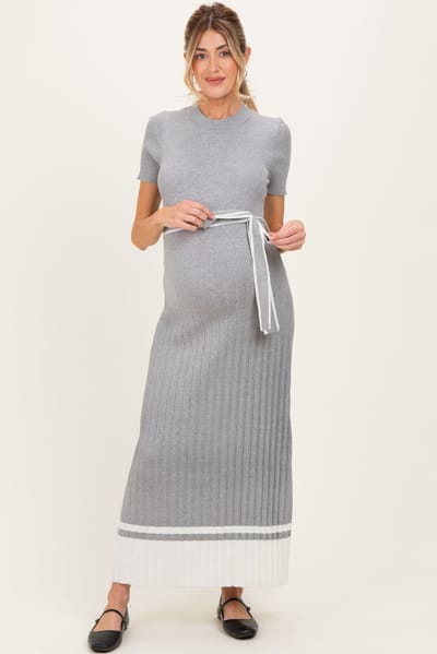 PinkBlush Heather Grey Knit Pleated Sash Tie Maternity Midi Dress
