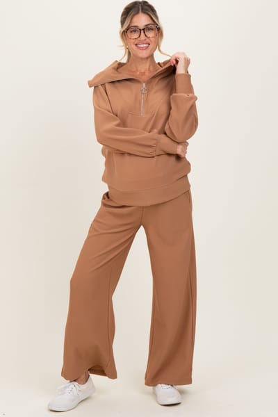 PinkBlush Camel Ribbed Half Zip Pullover Wide Leg Pant Maternity Set