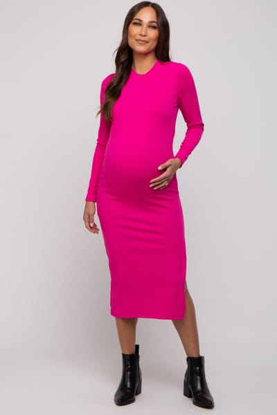 PinkBlush Fuchsia Ribbed Mock Neck Long Sleeve Maternity Midi Dress
