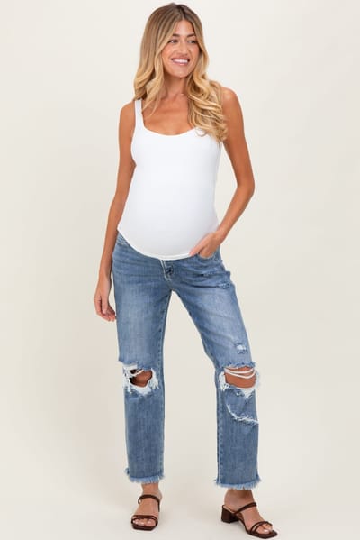 PinkBlush Blue Ripped Knee Fringe Hem Straight Leg Maternity Ankle Jeans