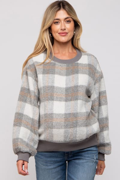 PinkBlush Grey Plaid Fuzzy Knit Maternity Pullover Sweater
