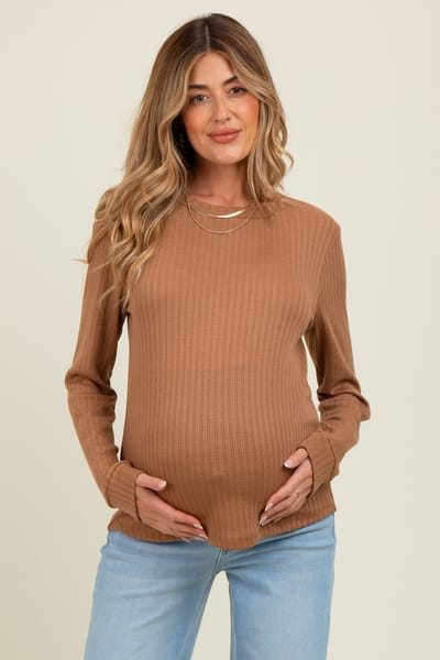PinkBlush Camel Pointelle Knit Maternity Long Sleeve Top