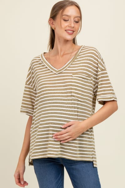 PinkBlush Olive Striped Oversized V-Neck Front Pocket Maternity T-Shirt