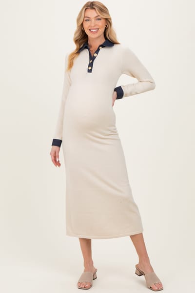 ABLE Cream Denim Trim Maternity Knit Dress
