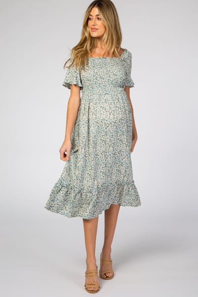 Heyson Light Blue Floral Ruffle Maternity Midi Dress