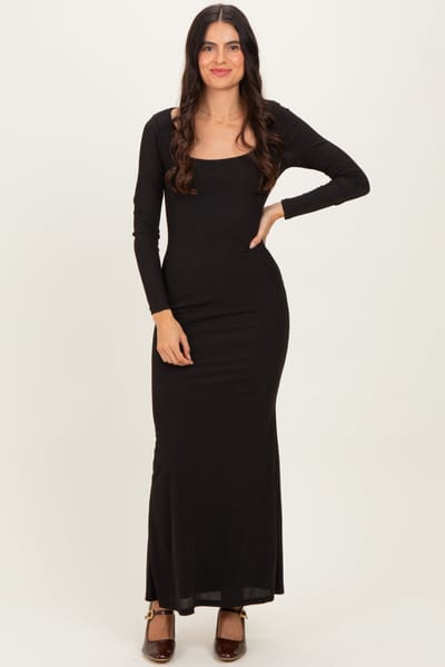 Shop Iris Basic Black Square Neck Long Sleeve Maxi Dress