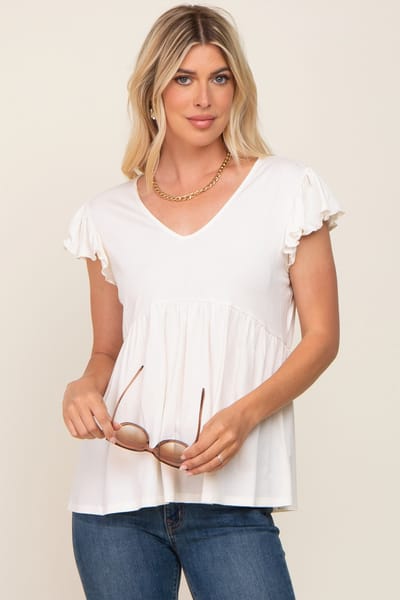 Culture Code White Flutter Sleeve V-Neck Top