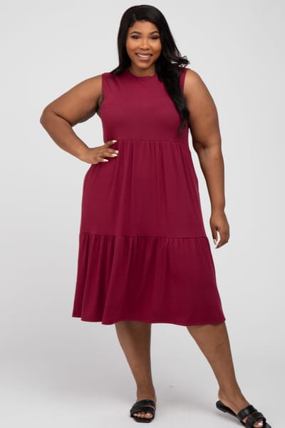 No Less Than Burgundy Ribbed Sleeveless Plus Midi Dress