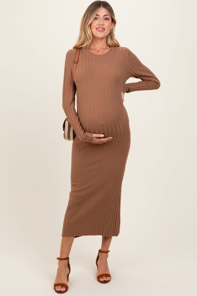 ABLE Mocha Ribbed Knit Fitted Maternity Midi Sweater Dress