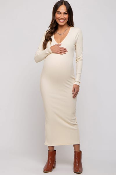 PinkBlush Cream Ribbed Long Sleeve Maternity Maxi Dress