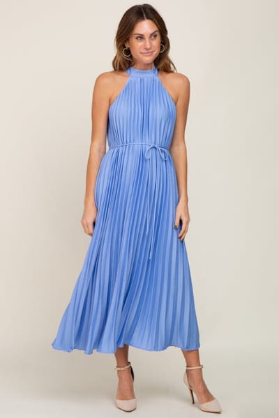 Rosevelvet Light Blue Pleated Halter Dress