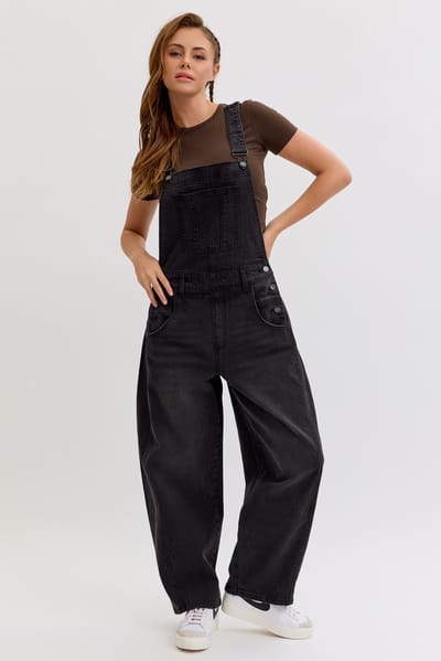 Cello Jeans Black Barrel Leg Denim Overalls