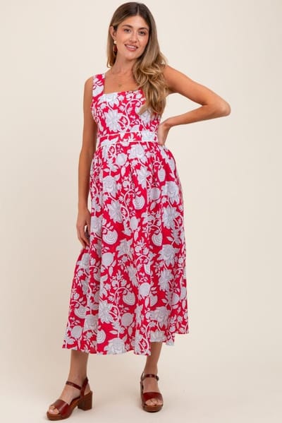 PinkBlush Red Floral Square Neck Sleeveless Maternity Midi Dress