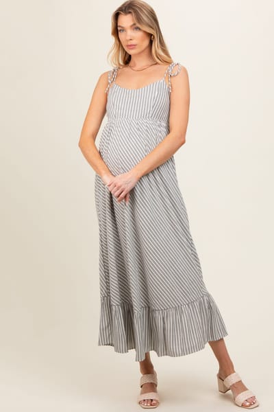 PinkBlush Grey Striped Tie Strap Maternity Maxi Dress
