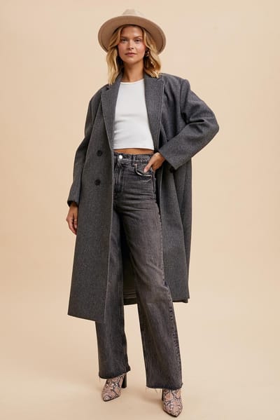 In Loom Charcoal Felted Double Breasted Lapel Duster Coat