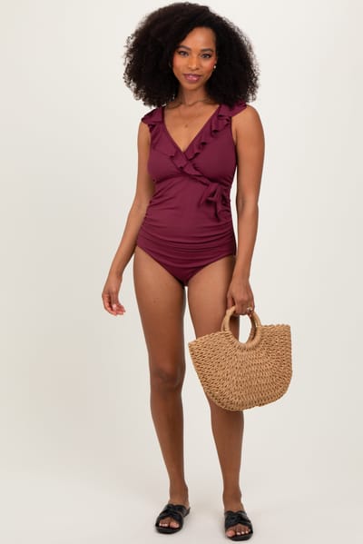 Charmo Burgundy Rib Ruffle V Neck Side Tie Knot Swimsuit