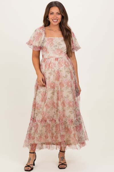 Polagram Mauve Floral Printed Tulle Puff Sleeve Maternity Midi Dress