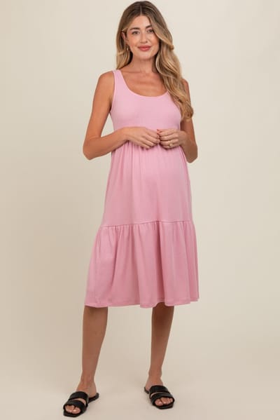 No Less Than Pink Tiered Sleeveless Maternity Midi Dress
