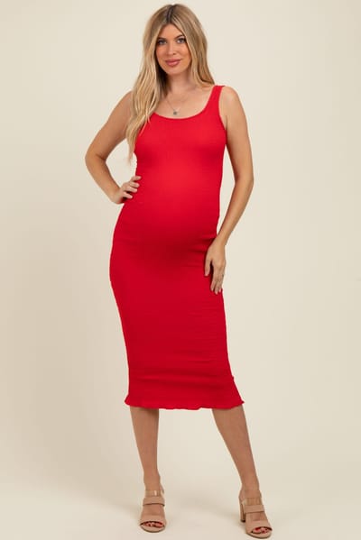 PinkBlush Red Smocked Sleeveless Ruffle Hem Maternity Fitted Dress