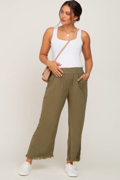 Umgee Olive Linen Frayed Hem Crop Maternity Pants