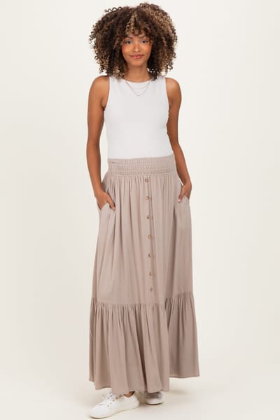 PinkBlush Sand Smocked Waist Button Detail Maternity Maxi Skirt