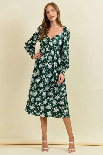 Doe & Rae Forest Green Floral Crossover Neckline Midi Dress