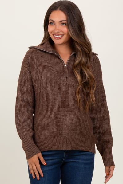 PinkBlush Brown Half Zip Maternity Pullover Sweater