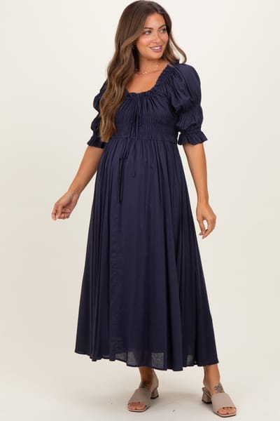 Camellia Navy Smocked Ruffle Square Neck Maternity Midi Dress